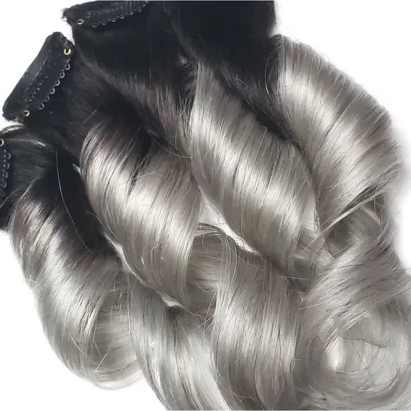 12 Black silver grey ombre human hair extensi…